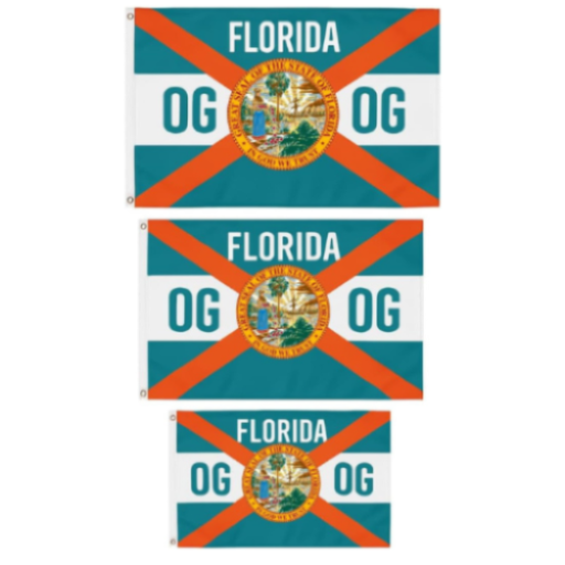 Three Florida state flags with a central emblem and 'OG' text on a white background