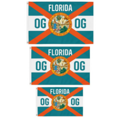 Three Florida state flags with a central emblem and 'OG' text on a white background
